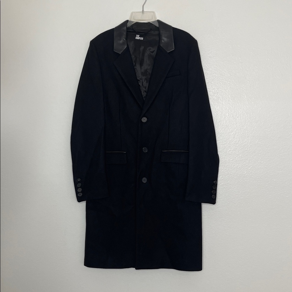 The‎ Kooples Men's Black Leather Collar And Piping Wool Blend Coat Size 44 New
